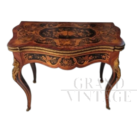 Tavolino da gioco antico Napoleone III intarsiato                            