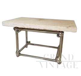 Tavolino in tondino cromato con piano in marmo travertino                           