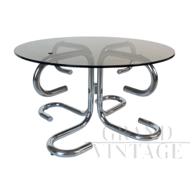 Tavolino vintage design rotondo in acciaio e vetro fumé                            