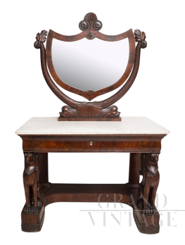 Antique Neapolitan Empire dressing table in mahogany feather with white marble top