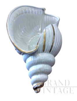 Vaso vintage a forma di conchiglia in ceramica bianca e dorata