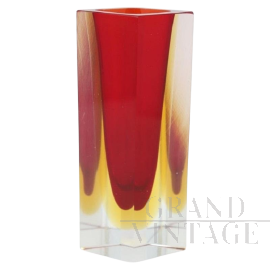 Vaso vintage squadrato in vetro di Murano sommerso rosso e giallo