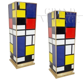 Coppia di colonne design in vetro stile Mondrian                            