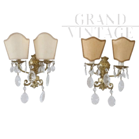 Coppia di appliques anni '80 in bronzo e cristallo                            