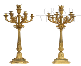Coppia di candelabri flambeaux antichi Napoleone III in bronzo dorato                            