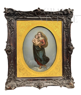 Dipinto antico con Madonna di San Sisto, olio su rame dell'800                            