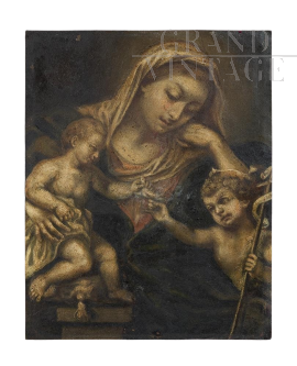 Dipinto antico su rame raffigurante Madonna col Bambino e San Giovannino                            