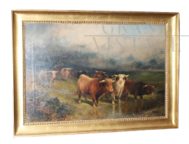 Gibb Thomas Henry - Dipinto antico di paesaggio con mucche                            