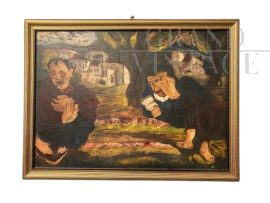 Giuseppe Serafini - Dipinto ad olio con frati, XX secolo             