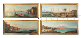 Gruppo di 4 dipinti antichi con vedute e scorci di Napoli                            