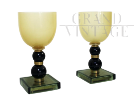 Lampada vintage in ottone e vetro nero e ambrato, anni '70                            