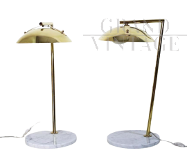 Lampade da tavolo in ottone e marmo bianco, anni '70                            