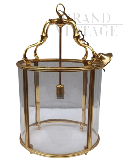 Lanterna rotonda in bronzo dorato e vetro                            