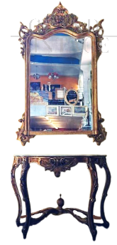 Monumentale console con specchio antica romana in foglia oro                            