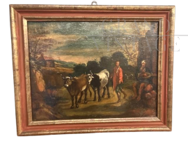 Paesaggio con buoi e personaggi - Dipinto fiammingo antico del XVII secolo                            