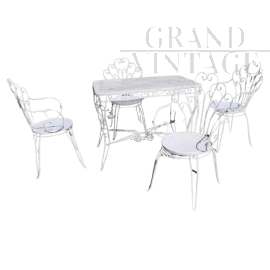 Set da giardino vintage con tavolo e sedie in ferro bianco, anni '70                            