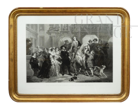 Stampa antica raffigurante Van Dyck che saluta Rubens per andare in Italia                            