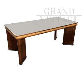 Tavolo in stile art déco in legno e radica con piano in vetro nero                            