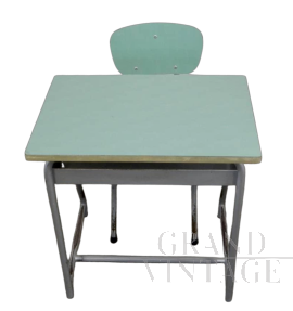 Banco scolastico vintage in formica verde con sedia, anni '70