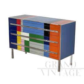 Comò design vintage in vetro multicolore a 3 cassetti, anni '80                            