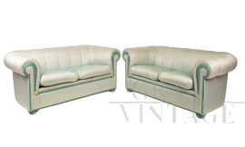 Coppia di divani design di Fabrizio Smania in seta moiré e legno marmorizzato