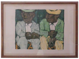 Dipinto di Domenico Cantatore - Uomini su panchina