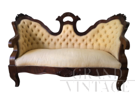 Divano antico Luigi Filippo a 2 posti con schienale curvo capitonné                            