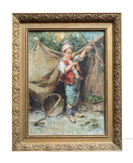 Gustavo Pisani - dipinto antico con piccolo venditore ambulante                            