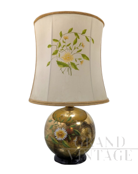 Lampada in ceramica dorata con decoro floreale di Ghinza, anni '70                            