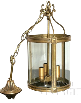 Lampadario a lanterna vintage in ottone e vetro soffiato, Italia anni '50                            