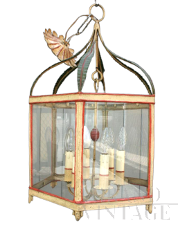Lanterna vintage in vetro  e legno laccato                            