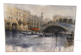 Osvaldo Sabene - dipinto Il Ponte di Rialto, tecnica mista su tela                            