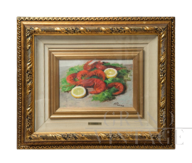 Raffaele Pucci - Dipinto di Natura Morta con gamberi, olio su tela                            