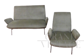 Set divano e poltrona design di Nino Zoncada in velluto verde militare                            
