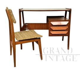 Set scrivania e sedia stile Vittorio Dassi in mogano e teak                            