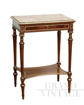 Tavolino da appoggio antico Napoleone III in mogano con piano in breccia                            