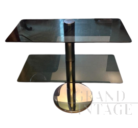 Tavolino consolle vintage in acciaio cromato e vetro fumé, anni '70                            