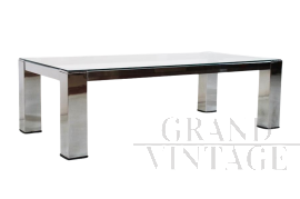 Tavolino da salotto vintage in vetro e acciaio, anni '80                            