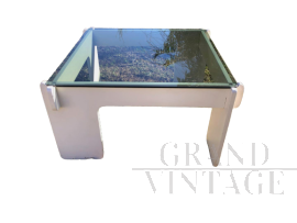 Tavolino vintage space age con piano in vetro