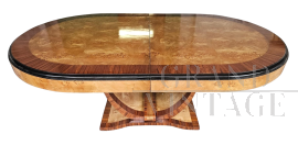 Tavolo art déco francese allungabile in radica di betulla e palissandro                            