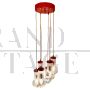 Stilnovo style pendant chandelier in glass and red metal, Italy 1950s