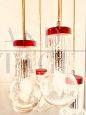 Stilnovo style pendant chandelier in glass and red metal, Italy 1950s