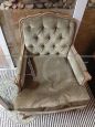 Early 1900s capitonnée armchair in khaki green velvet