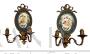 Pair of antique wall lights in bronze and painted Limoges ceramic
