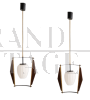 Pair of Stilnovo style pendant lights in teak and brass