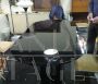 Large vintage black table with glass top and marble base