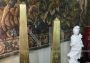 Pair of gilded wooden obelisks with porphyry effect base