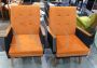 Pair of vintage design armchairs in wood and orange fabric      