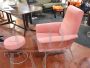 Vintage armchair in iron and pink velvet with ottoman