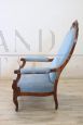Antique armchair in walnut and light blue fabric, mid-19th century